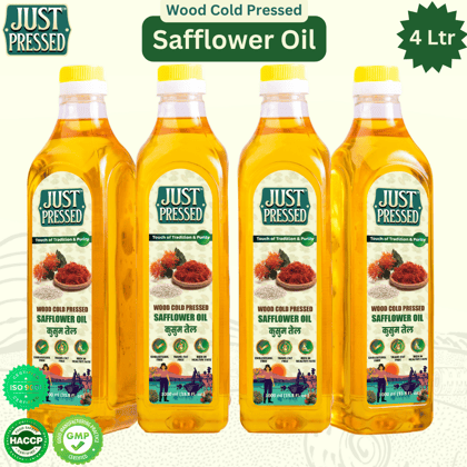 Just Pressed Cold Pressed Safflower Oil | 100% Pure Safflower Kusum Saffola Oil | Unrefined & Zero Additives | Healthy Heart Oil | Saffola Hero Ingredient | Kachi Ghani Oil | Wood Cold Pressed Oil | Safflower Oil 4L