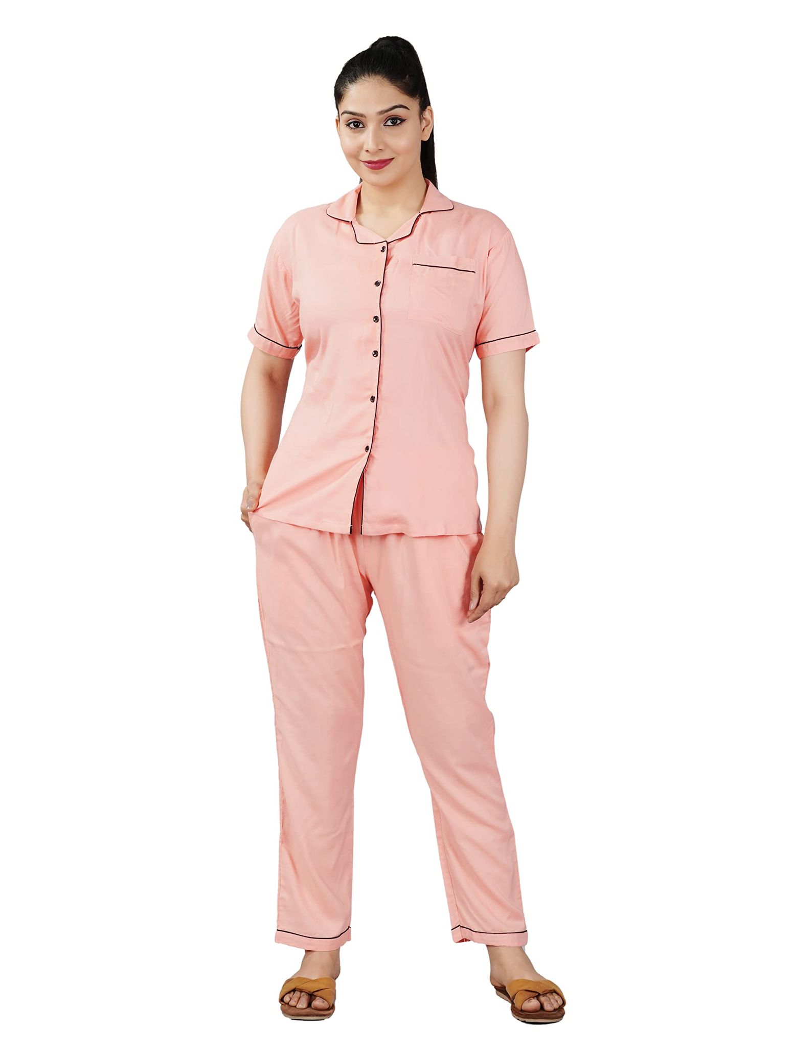 Women's Rayon Plain/Solid Night Suit Set of Shirt & Pyjama Notch Collar | Peach