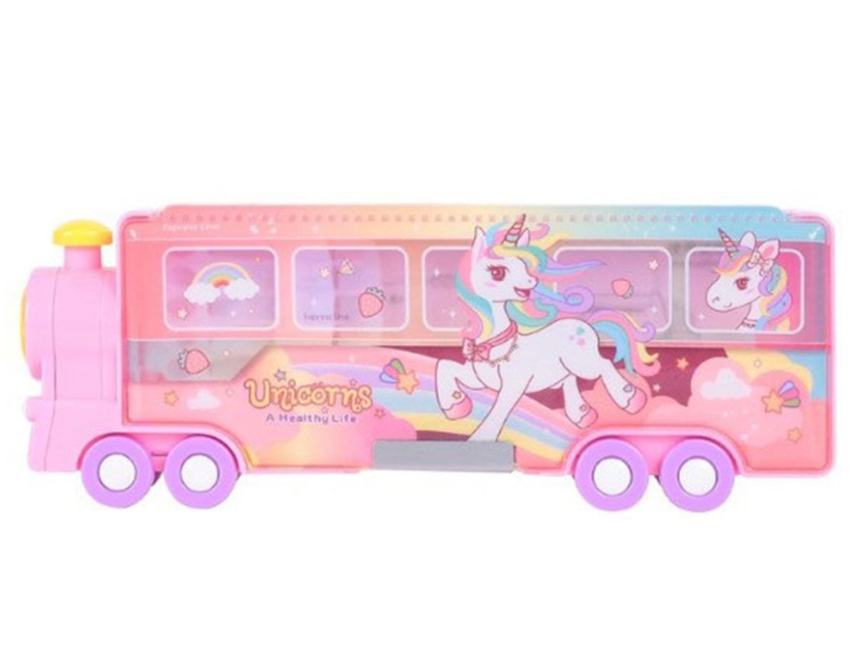 MANNAT Train Shape Pencil Box with Unicorn Theme | Sturdy Movable Wheels | Toy Train Unicorn Pencil Box | Inbuilt Sharpener Art Plastic Pencil Box (Set of 1,Pink)