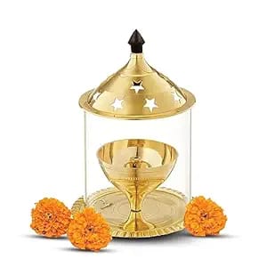 Akhand Jyot Aaradhya Brass Pooja Diya for Puja & Religious Rituals with Borosilicate Glass Cover for