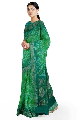 Garvi Gurjari Women Sea Green Georgette Hand Dyed Bandhani Saree with unstitched blouse piece