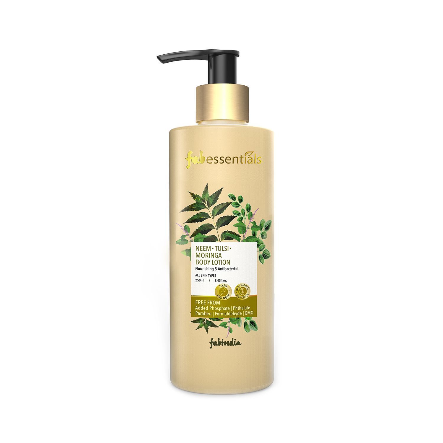 Fabessentials Neem Tulsi Moringa Body Lotion | enriched with Almond Oil | Protects against Skin Breakouts | Nourishing & Deep Moistursing | with Actibacterial & Antifungal Properties | Skin-Friendly pH - 250 ml