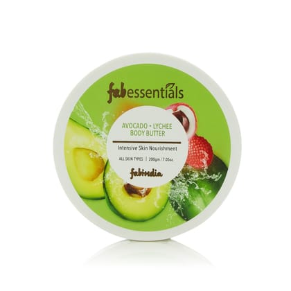 Fabessentials Avocado Lychee Body Butter | infused with Shea Butter | for Intensive Skin Nourishment | Ultra-rich Moisturiser for Soothing Dry Skin Patches | Smoothens, Softens & gives Skin a Satin Glow - 200 ml