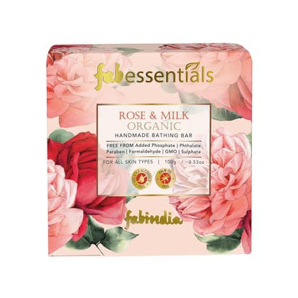 Fabessentials Rose & Milk Handmade Bathing Bar | 100% Organic | with Coconut Oil & Vitamin E | Cleanses, Nourishes & Brightens Skin | Vegan & Palm-Oil Free - 100 gm