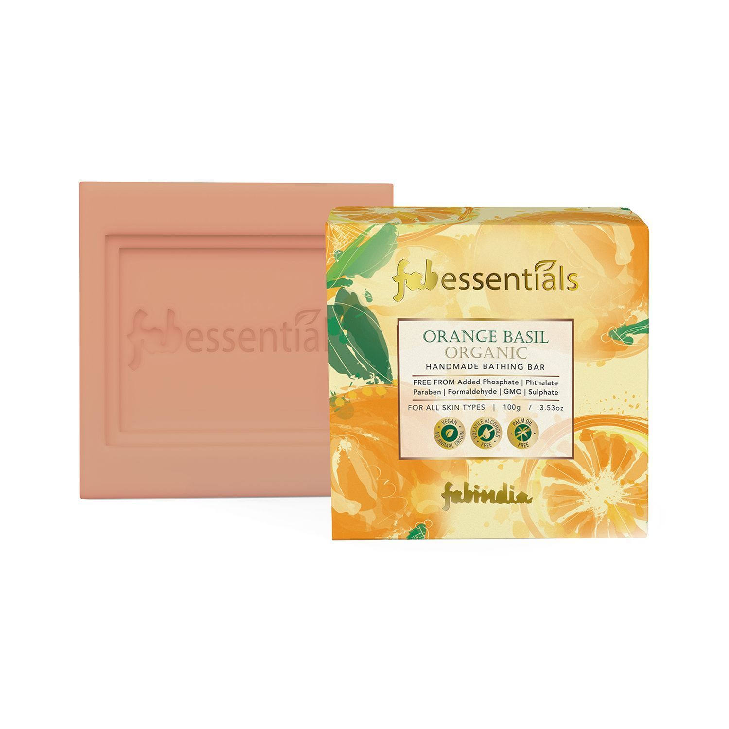 Fabessentials Orange Basil Organic Handmade Bathing Bar | with Natural Biaoctives | Cleanses, Nourishes & Brightens Skin | Vegan & Palm-Oil Free - 100 gm