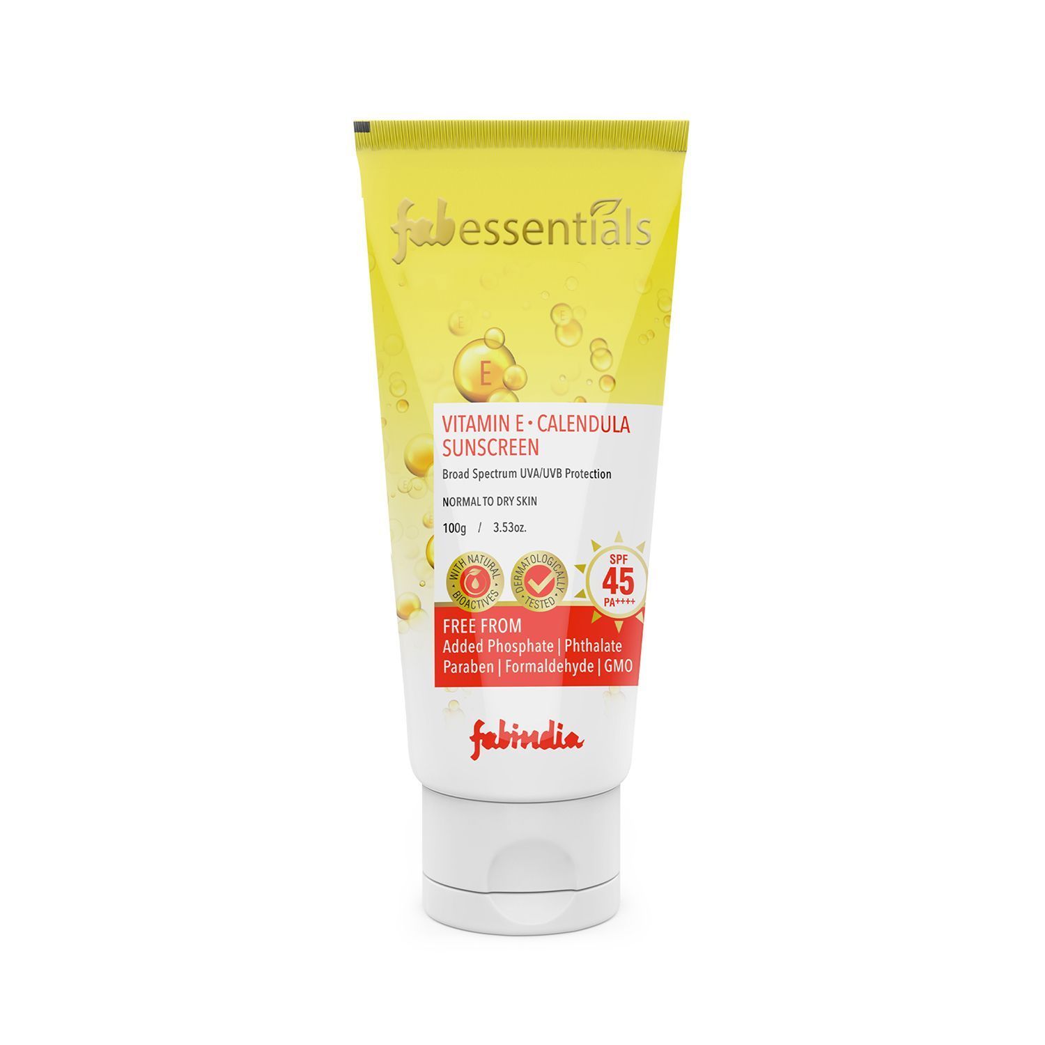 Fabessentials Vitamin E Calendula Suncreen SPF 45 PA++++ | infused with Gotu Kola | gives Broad Spectrum UVA & UVB Protection | Dermatologically Tested - 100 ml