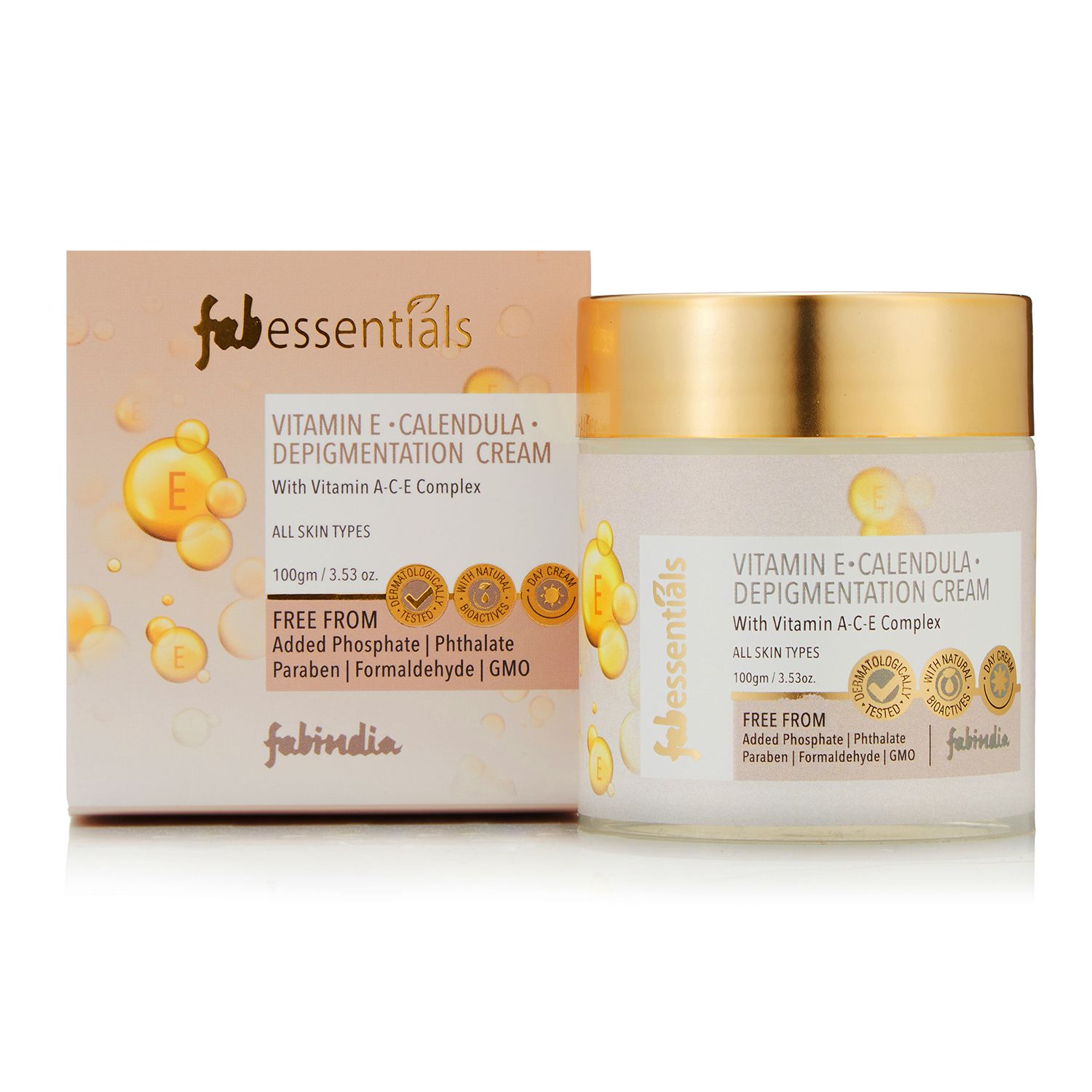 Fabessentials Vitamin E Calendula Depigmentation Cream | with Vitamin A-C-E Complex, Kojic Acid & Alpha Arbutin for Brightening | Diminishes Excess Pigmentation, Dark Spots, Blemishes, Stubborn Tanning, Dullness and Uneven Skin Tone - 100 gm