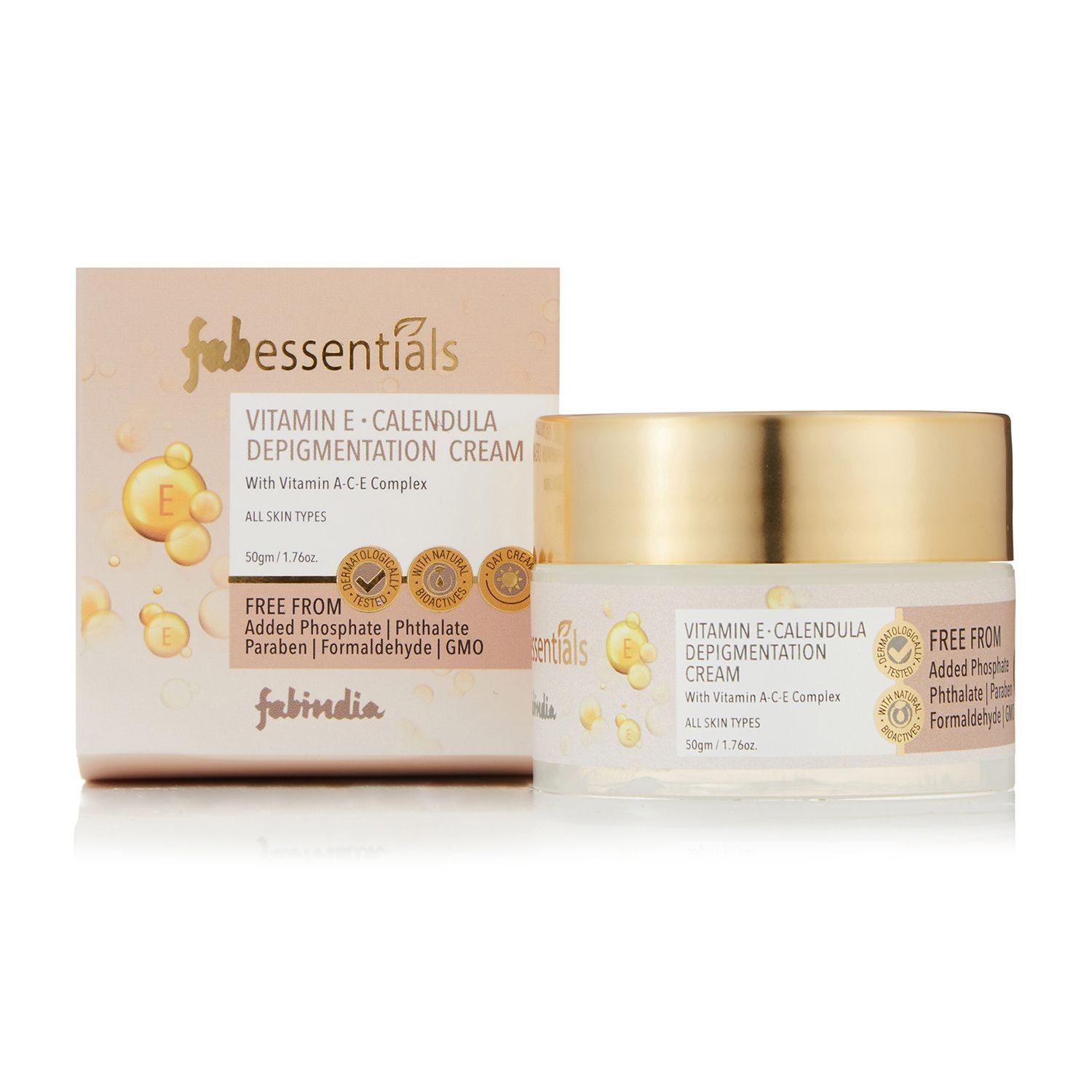 Fabessentials Vitamin E Calendula Depigmentation Cream | with Vitamin A-C-E Complex, Kojic Acid & Alpha Arbutin for Brightening | Diminishes Excess Pigmentation, Dark Spots, Blemishes, Stubborn Tanning, Dullness and Uneven Skin Tone - 50 gm