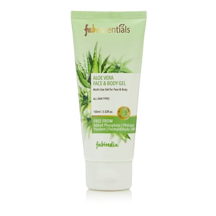 Fabessentials Aloe Vera Face & Body Gel | enriched with Neem & Castor Oil | Multi-purpose Gel for Face & Body | Hydrates, Refreshes & Minimises Dryness | Calms & Soothes Sun-burnt Skin and rashes | 99% Pure Aloe Vera- 100 gm