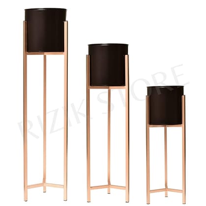 Metal Floor Flower Stand for Living Room/Indoor Plant Stand with Planter Pot (Black)