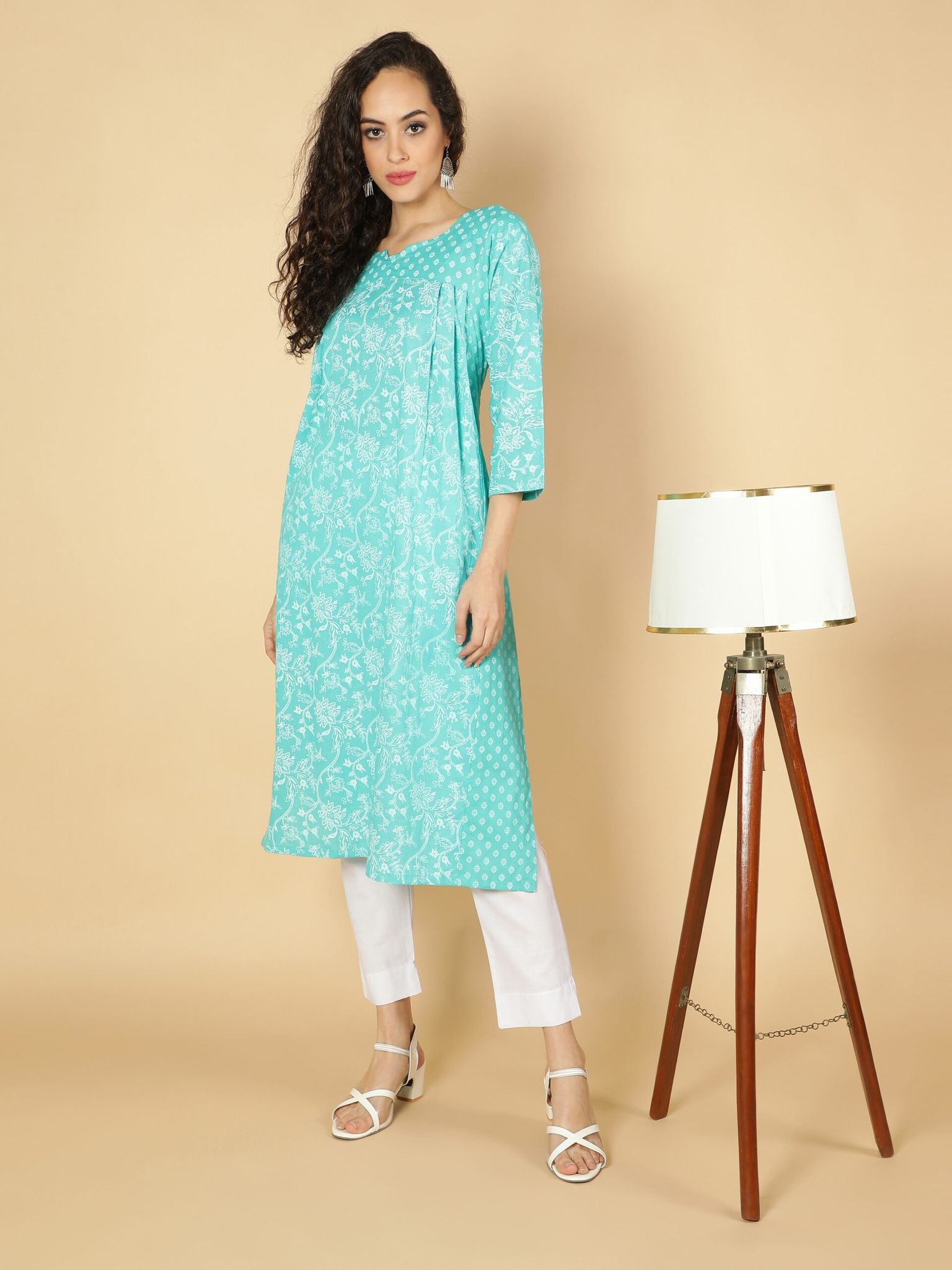 Cotton Ethnic Motifs Printed A-Line Pleated Women Kurta (Aqua)