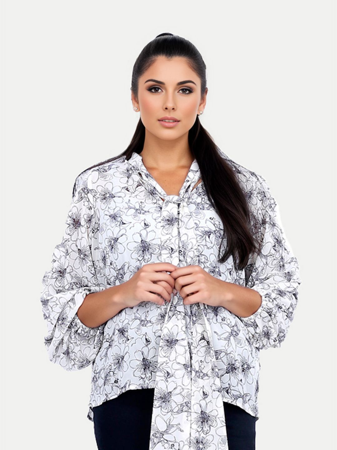 Women Printed White with Black Blouse