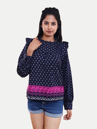 Women Printed Motiff Dark Blue Top