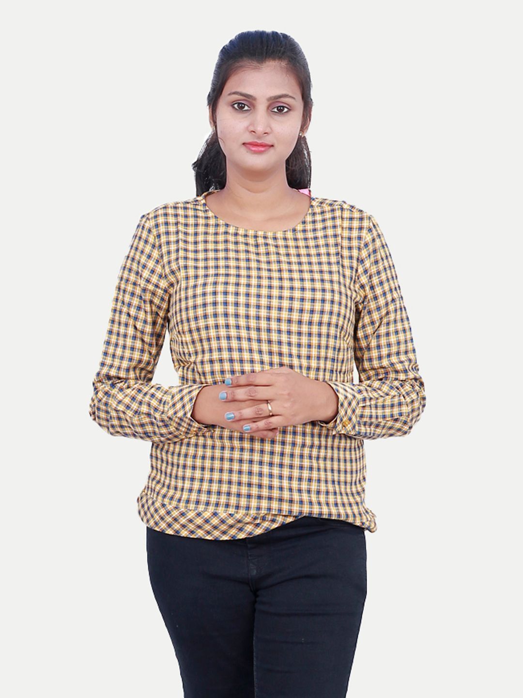 Women Beige Gingham Print Top