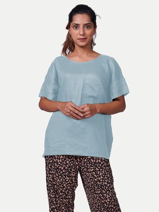 Women Solid Casual Light Blue Linen Top