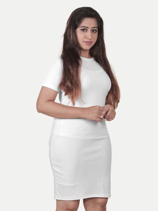 Women Solid long knit Dress- White Colour
