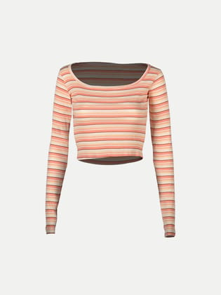 Women Light Orange Striped cropped Full Sleeve T shirts