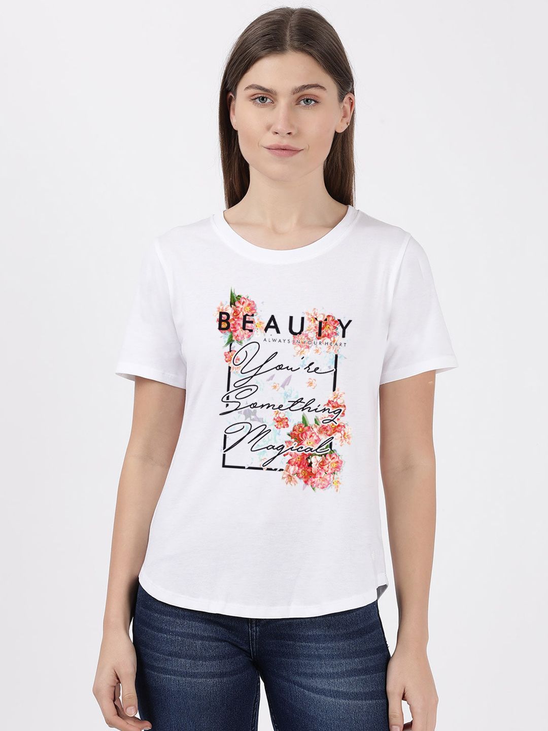 Women Basic White Printed T-shirt