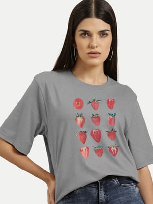 Women Basic Grey T-shirt With Strawberry Prints