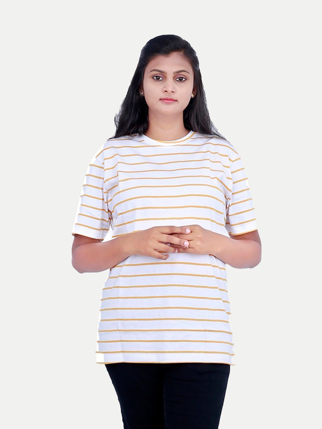 Women White T-shirt With Yellow Striped Pattern