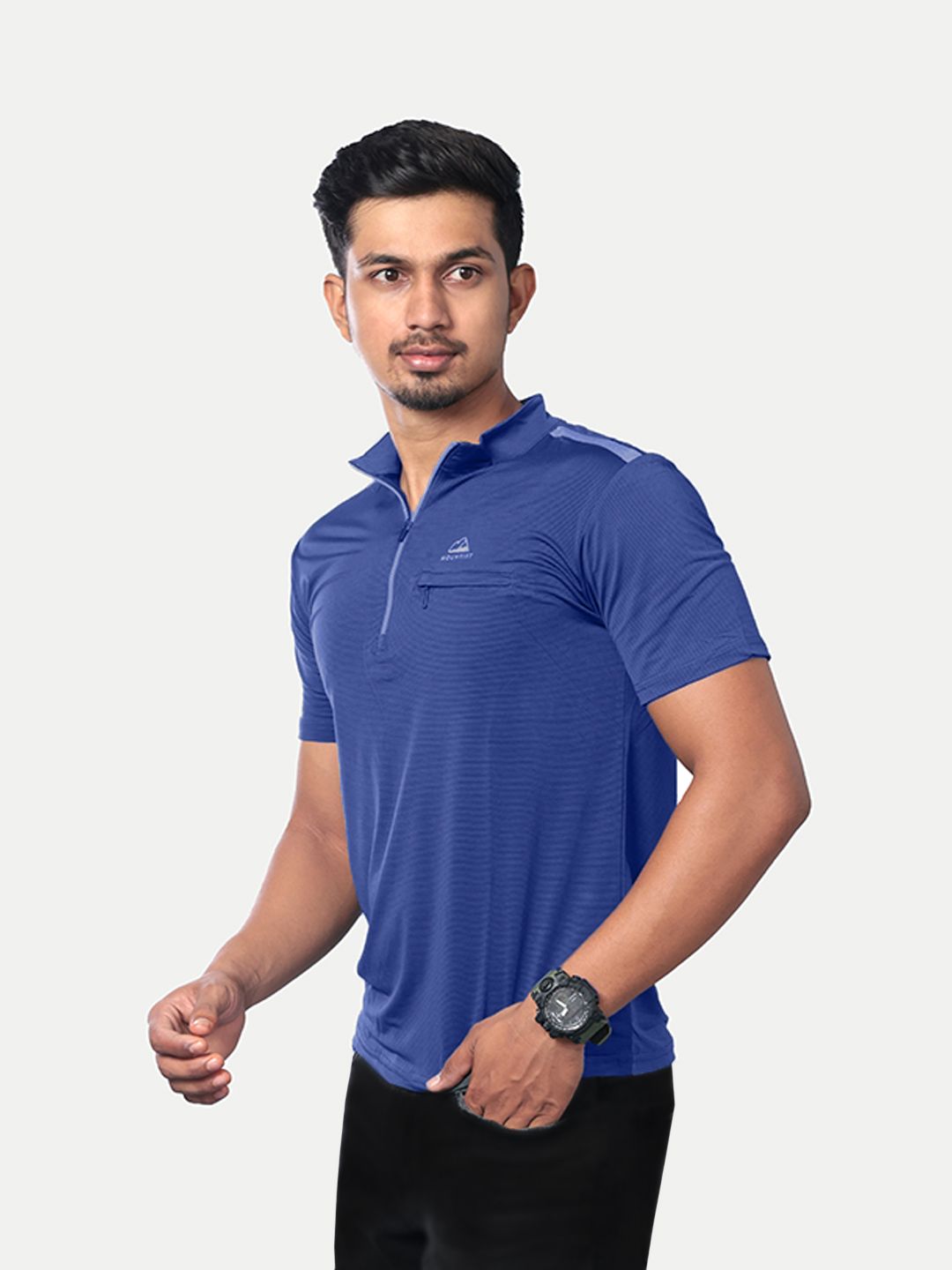 Men Royal Blue Active wear Zipper Half Sleeve T Shirt