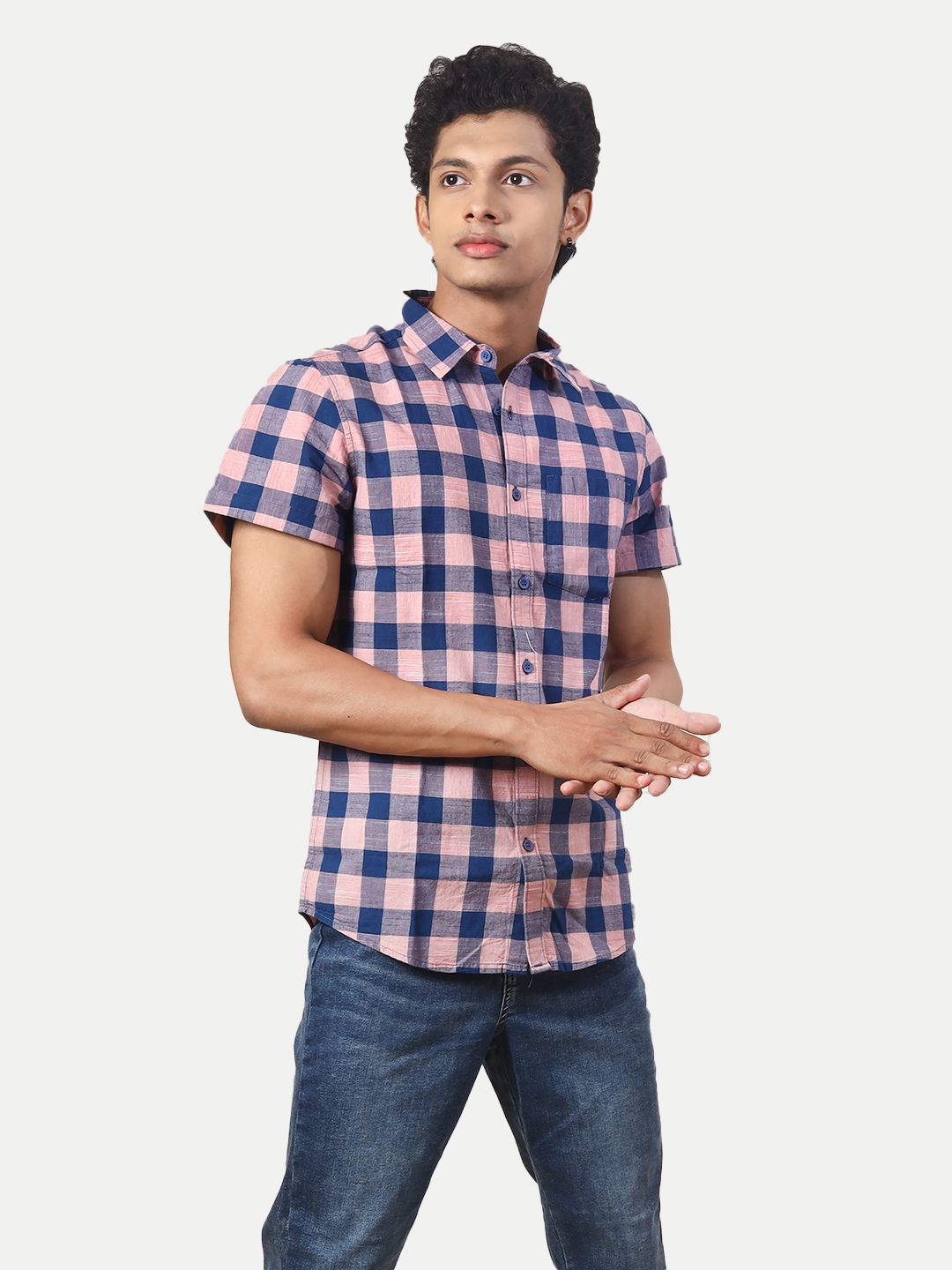 Men Pink Checkered spread collar Casual cotton Shirt