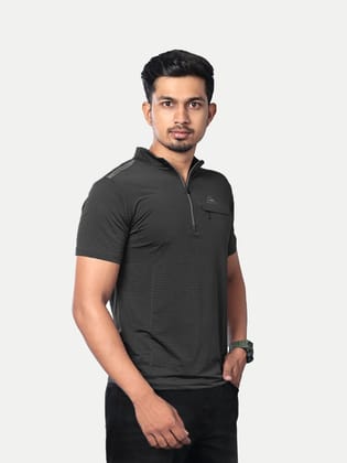 Men Black Active wear Zipper Half Sleeve T Shirt