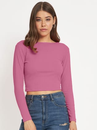 Women Dark Pink cropped Full Sleeve T shirts