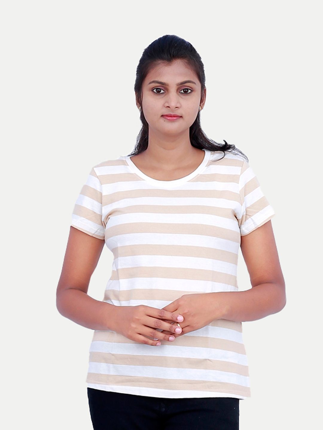 Women White / Beige Striped T-shirt