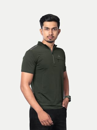 Men Grey Active wear Zipper Half Sleeve T Shirt