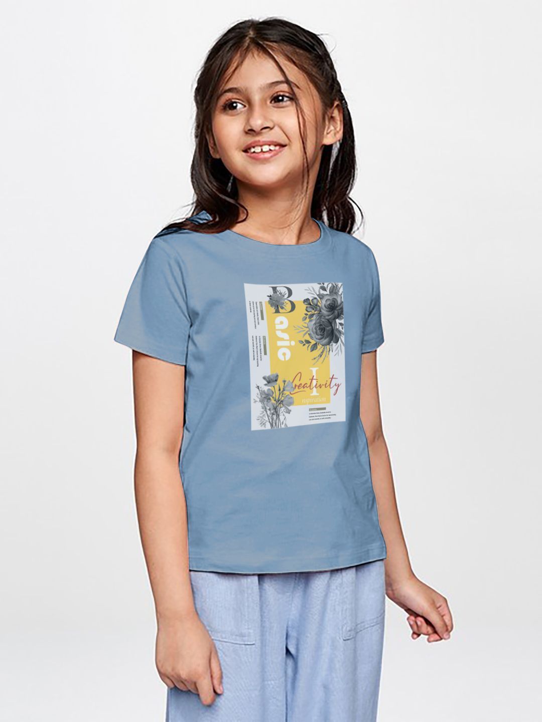 Girls Blue Printed Crew Neck T-shirt