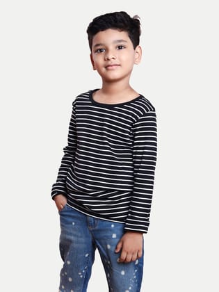 Boys Black Striped Full-sleeve T-shirt