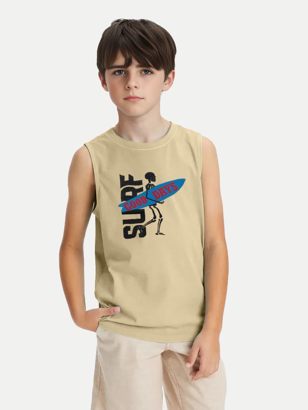 Boys Beige Solid Tanktop