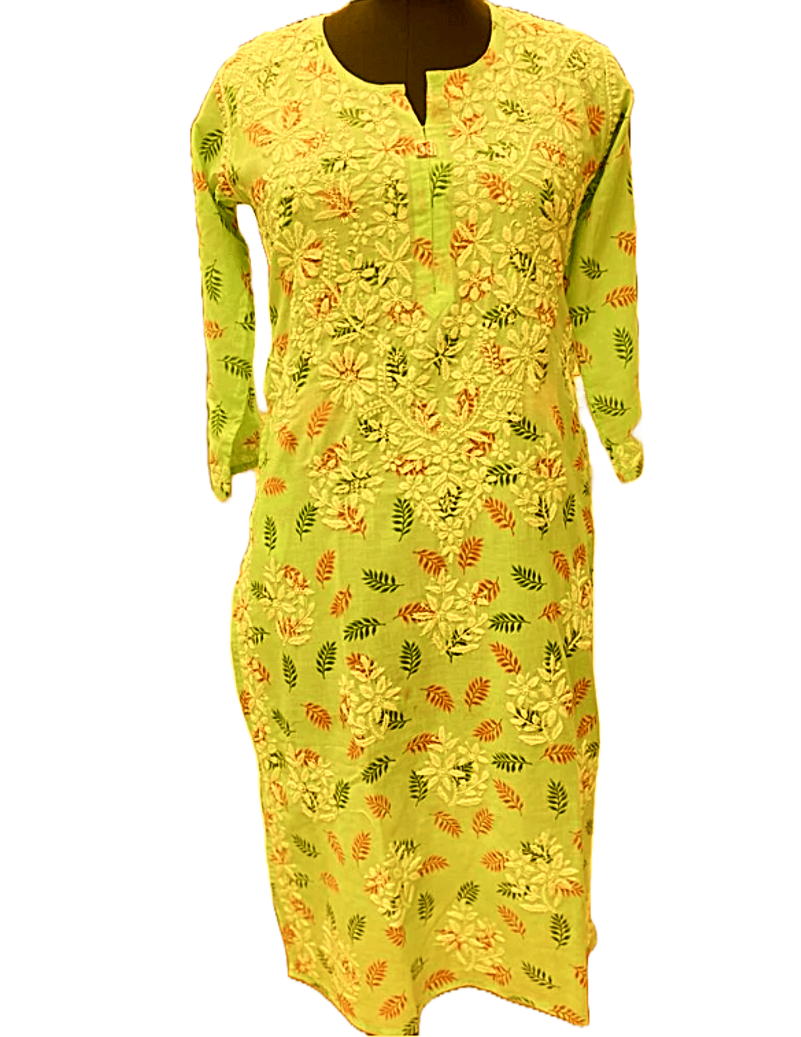 Light Yallow Green Embroidered Lucknowi Chikankari Straight Kurta