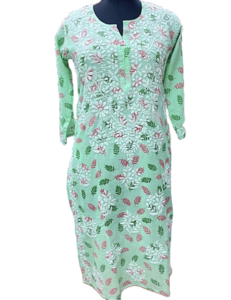 Aqua Green Patti and Phool Chikan Embroidered Lucknowi  Kurta