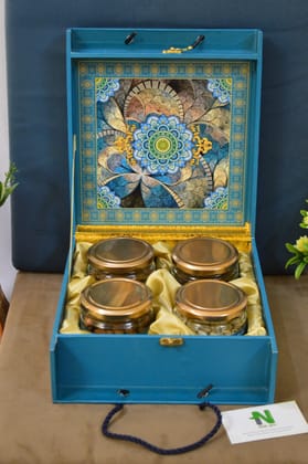 Nikhil Art Wooden Handcrafted Rajasthani traditional Decorative Box With 4 Glass Containers For Dry Fruit Sweets, Chocolates, Candy