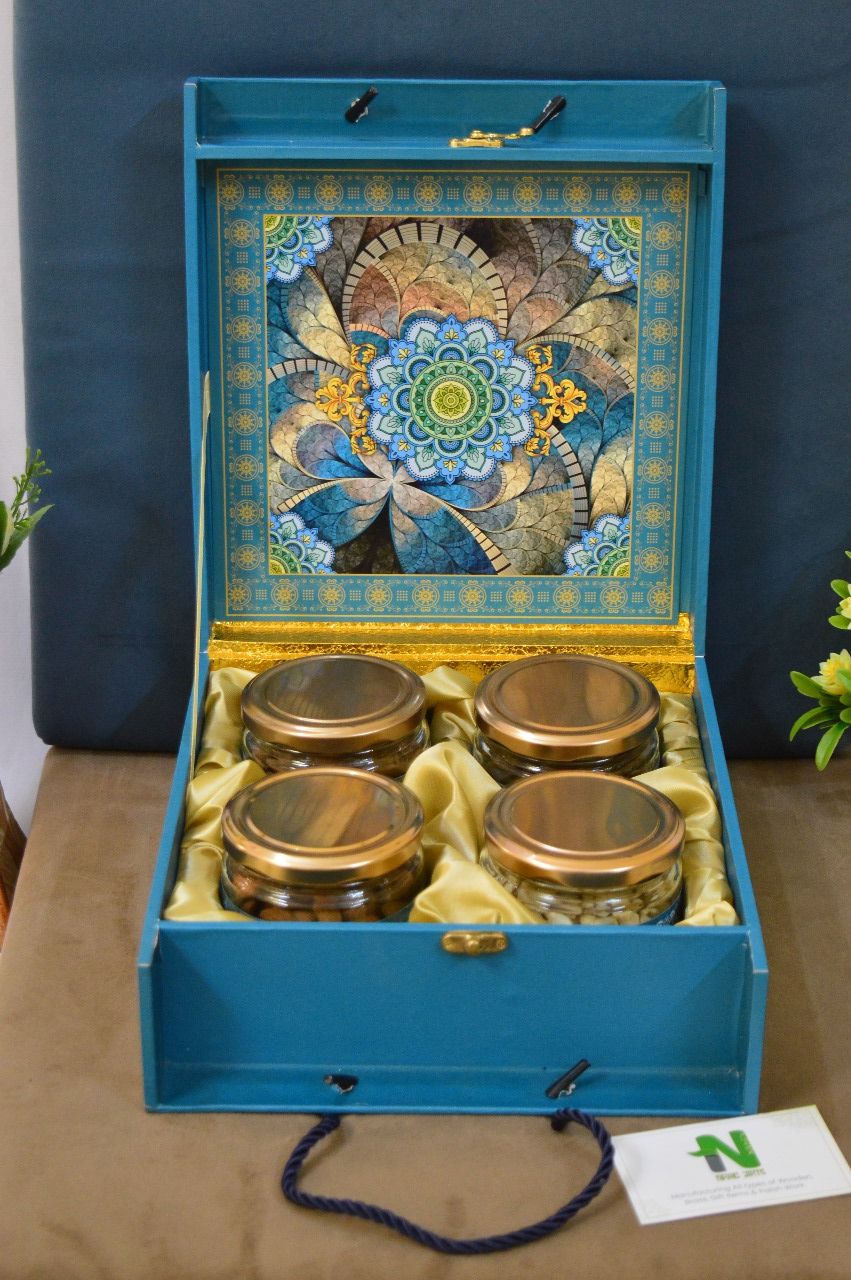 Nikhil Art Wooden Handcrafted Rajasthani traditional Decorative Box With 4 Glass Containers For Dry Fruit Sweets, Chocolates, Candy