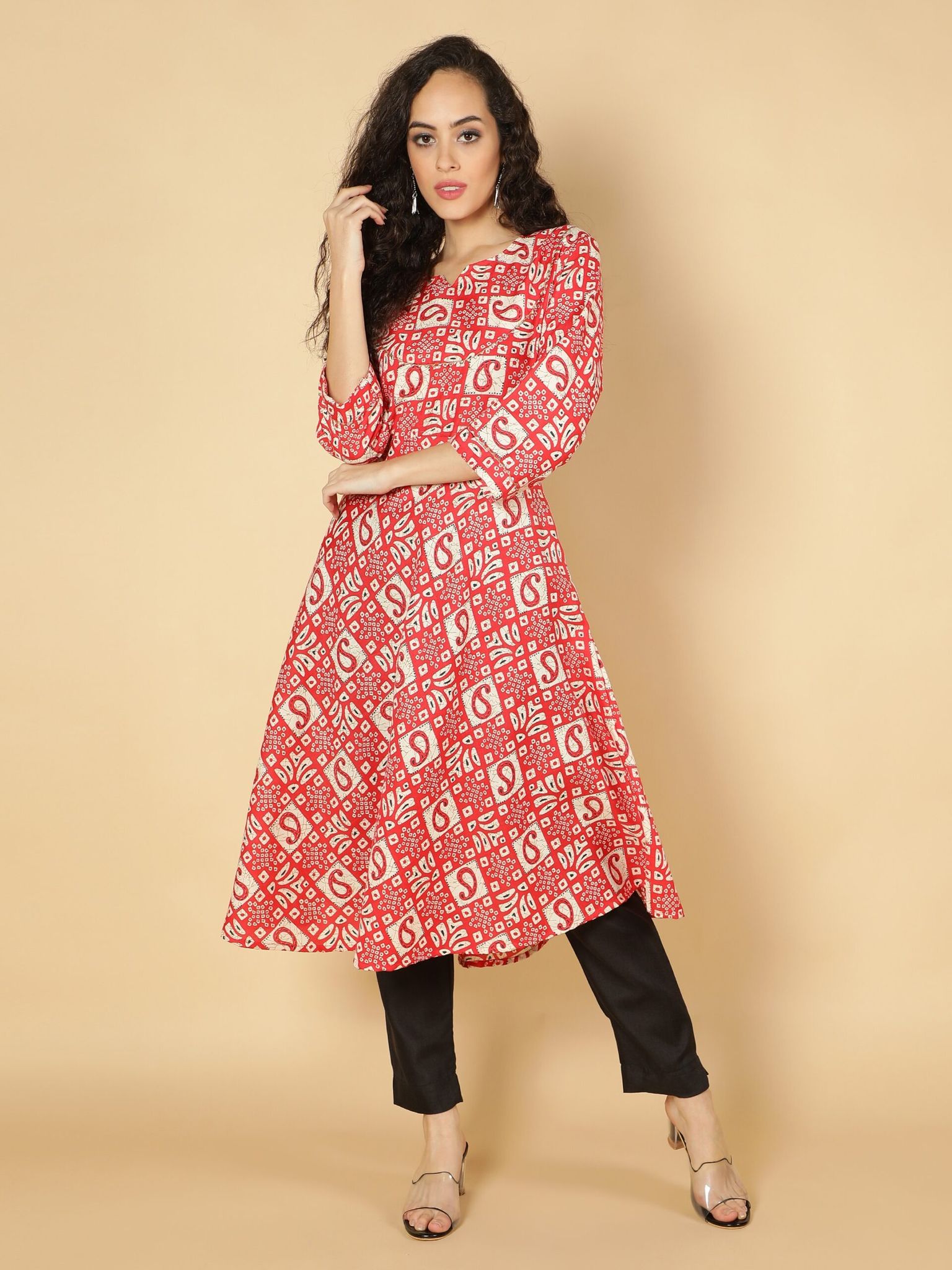 Cotton Ethnic Motifs Printed Anarkali Women Kurta (Red)