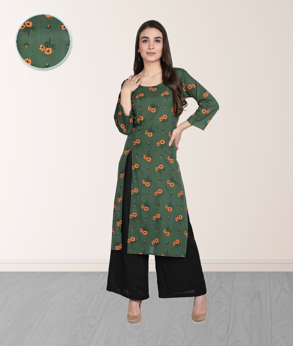 Cotton Floral Printed Front Slit Straight Ladies Kurti (Green)