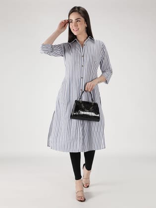 Cotton Striped Printed Straight Women Kurta (White)