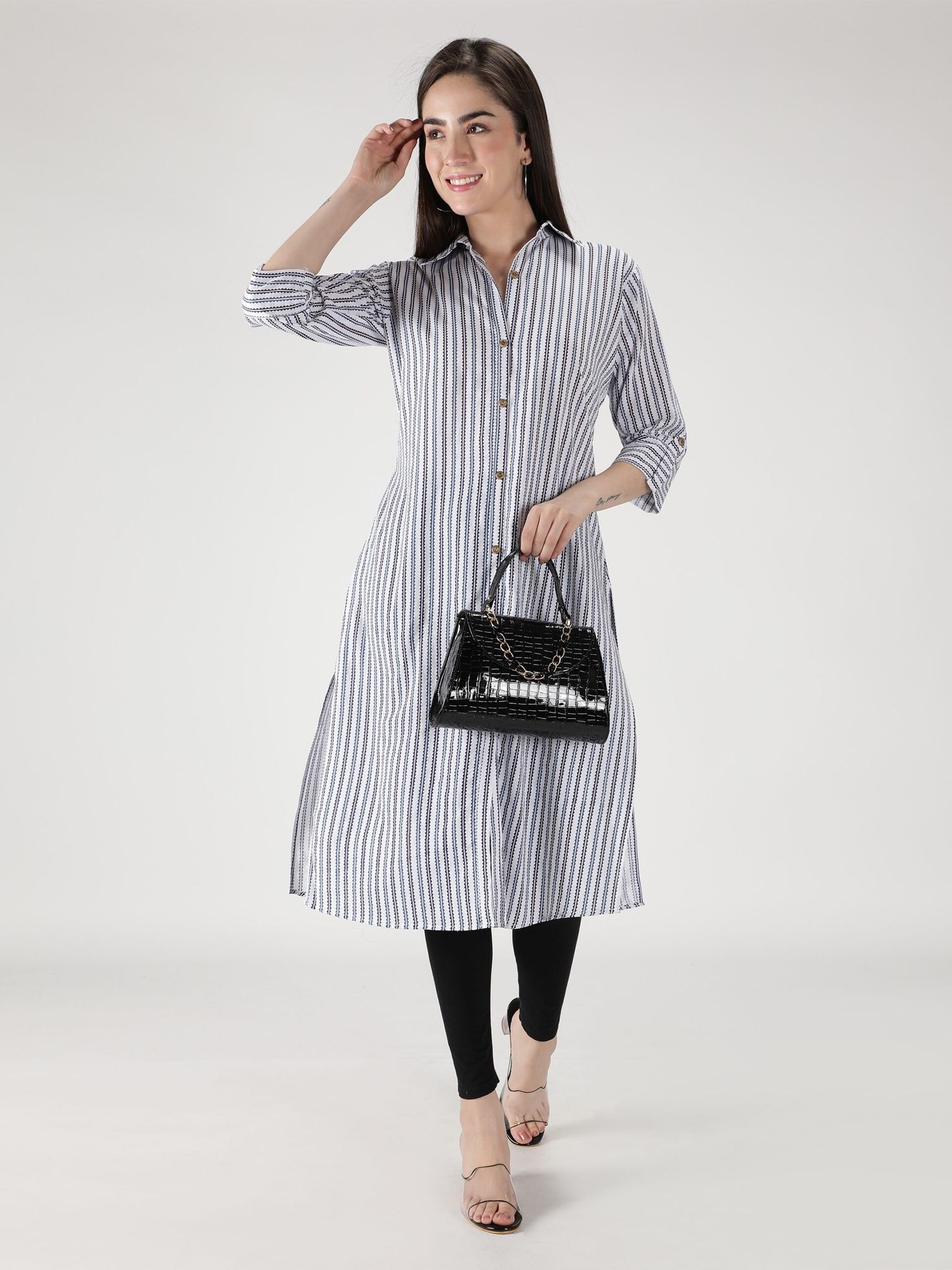 Cotton Striped Printed Straight Women Kurta (White)