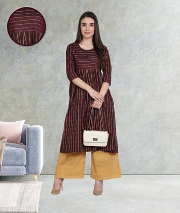 Cotton Woven Design Flared Striped Women Kurti (Wine)