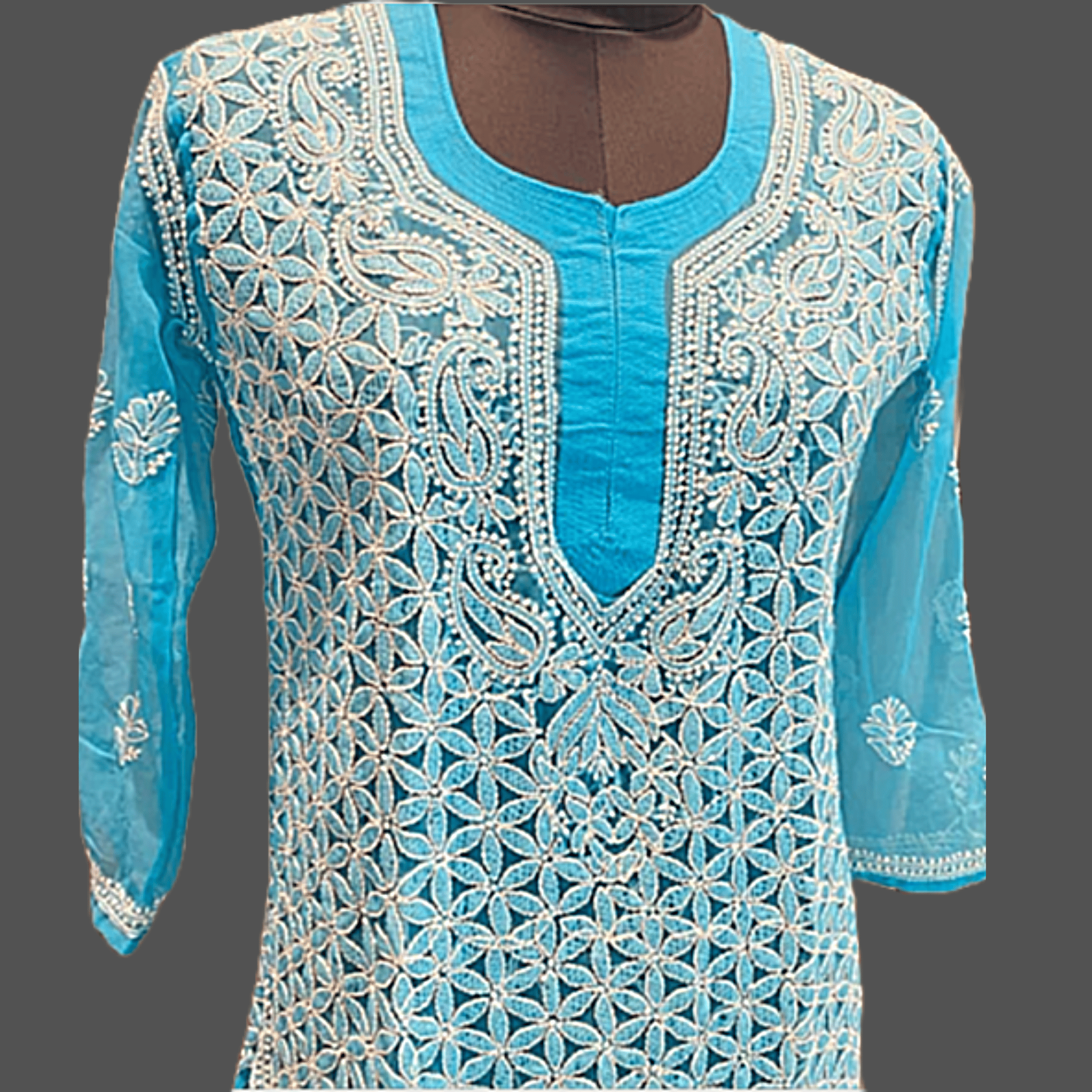 Veersons Chikankari Hand-Embroidered Blue Georgette Front and Back Kurti