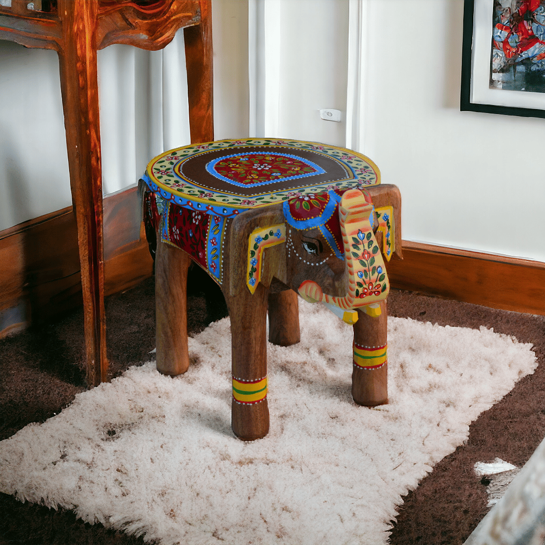 Elephant Stool Pichwai Painted 12"