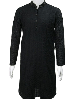 Black Sequin Men's Chikan Embroidery Chikankari Kurta