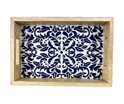 Wooden Tray Rectangular Resin Coated Blue Pottery