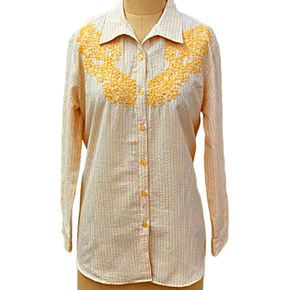 Lucknowi Handcrafted Cotton Chikankari Shirt for Women's Lining print off of wage yellow embroidery