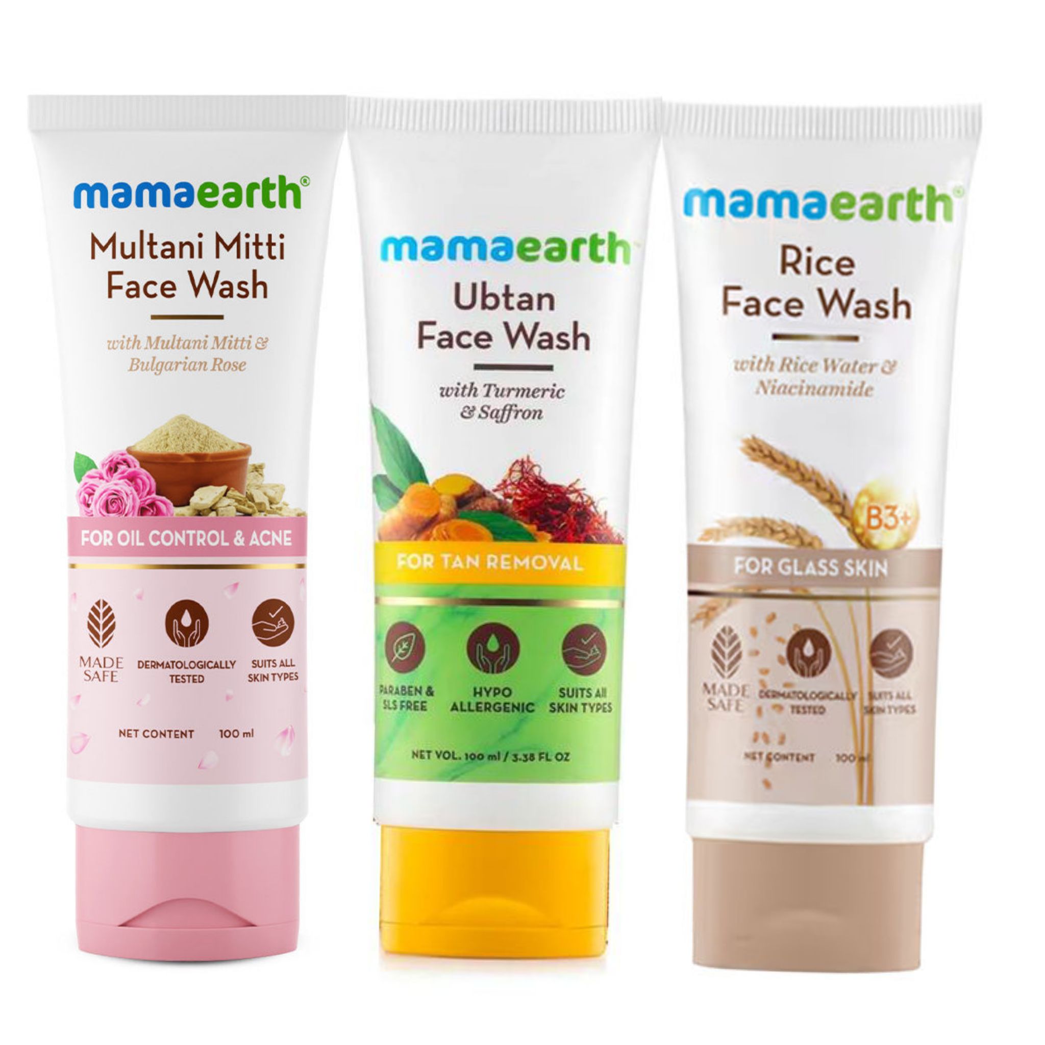 Mamaearth Multani Mitti Face Wash (100ml) + Mamaearth Ubtan Face Wash With Turmeric & Saffron For Tan Removal (100ml) + Mamaearth Rice Face Wash With Rice Water & Niacinamide For Glass Skin (100ml) Pack of 3