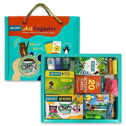 Apsara Art Explorer Kit, 20 Activity Cards for Creativity, Color Pencils, 12 Oil Pastel Colors, 12 Wax Crayons Colors, 1 Color Me Book, for 3-7 Ages Children, Fun Kit for Children, Ideal for Gifting