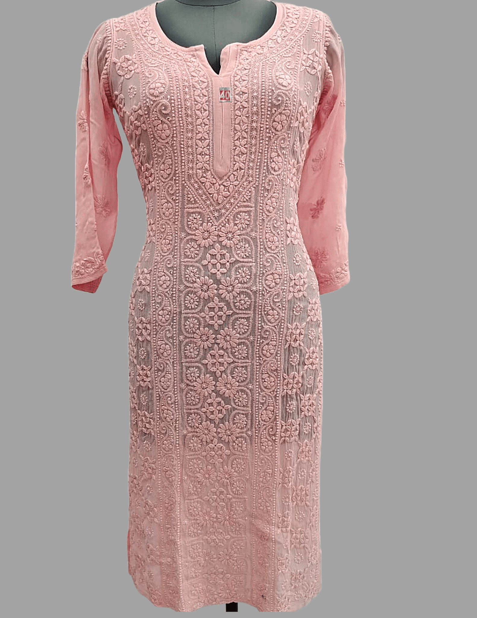 Peach Georgette Resham Lucknowi Chikankari Kurta Hand-Embroidered